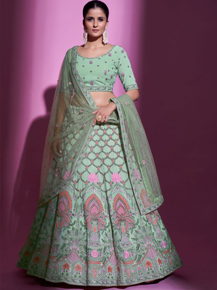 Pista Green Georgette Embroidered Bridal Wedding Heavy Border Lehenga Choli