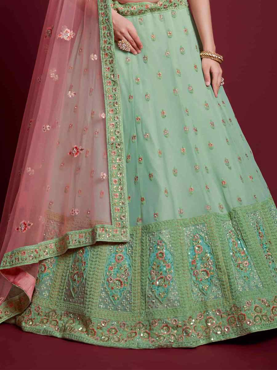 Pista Green Georgette Embroidered Bridal Wedding Heavy Border Lehenga Choli