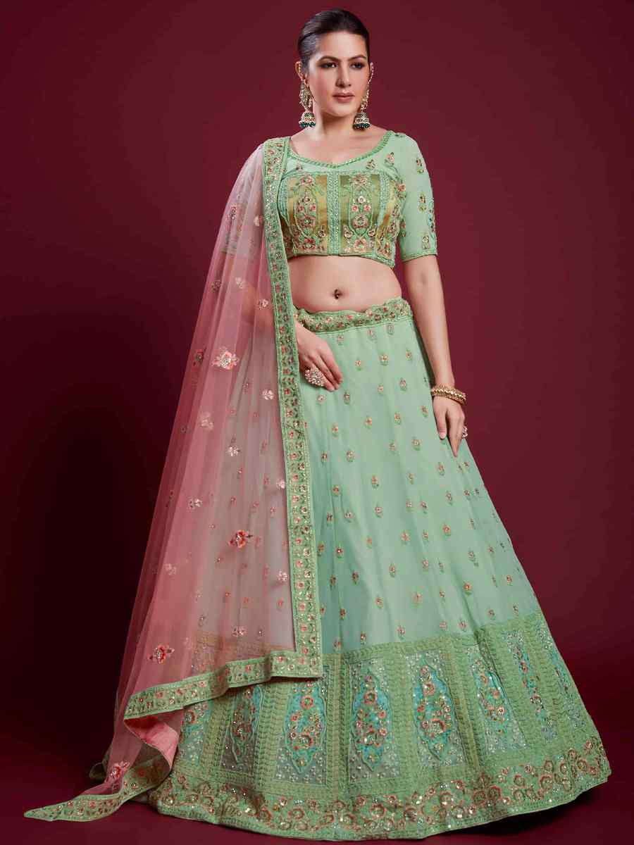 Pista Green Georgette Embroidered Bridal Wedding Heavy Border Lehenga Choli