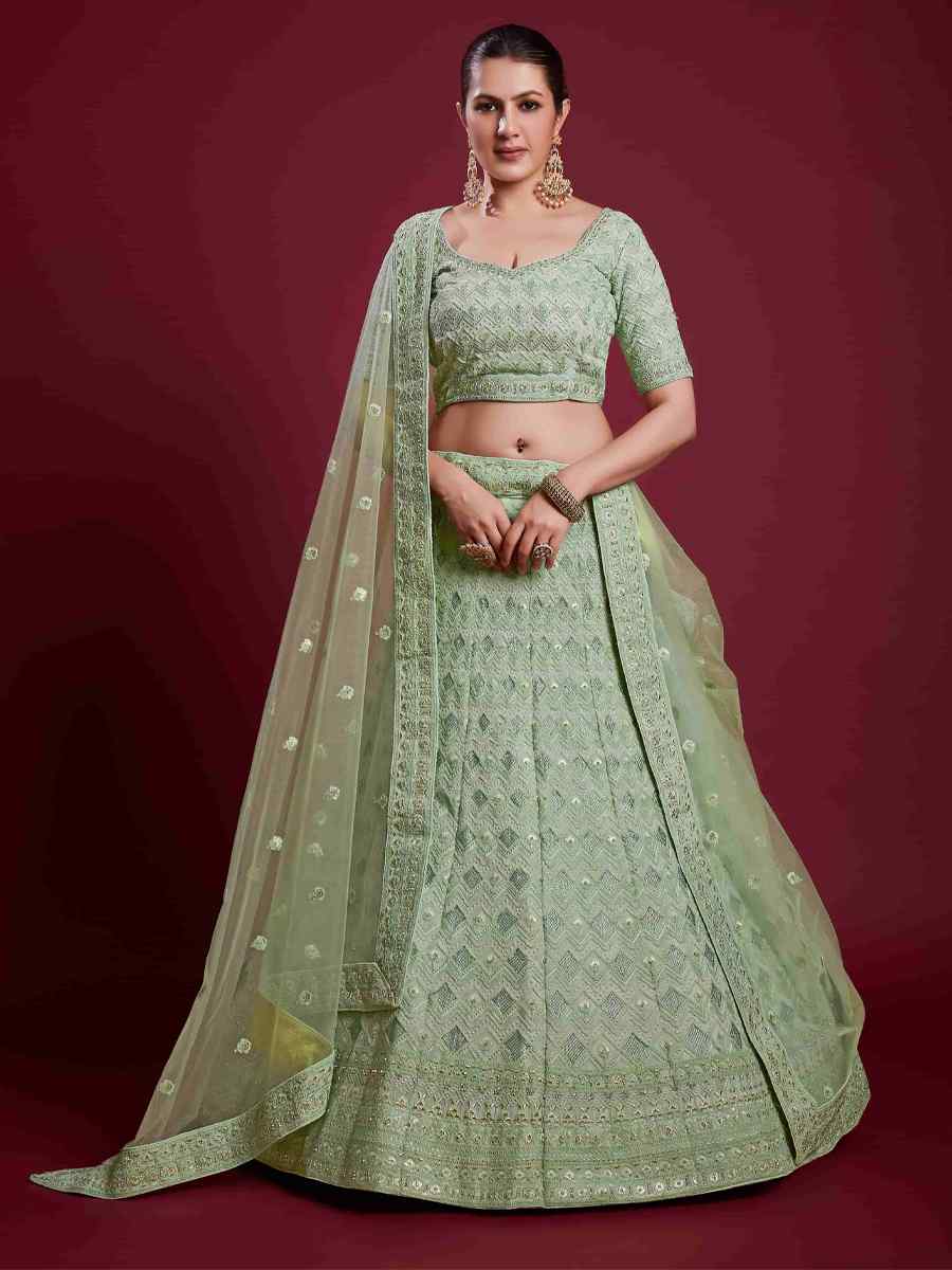 Pista Green Georgette Embroidered Bridal Wedding Heavy Border Lehenga Choli