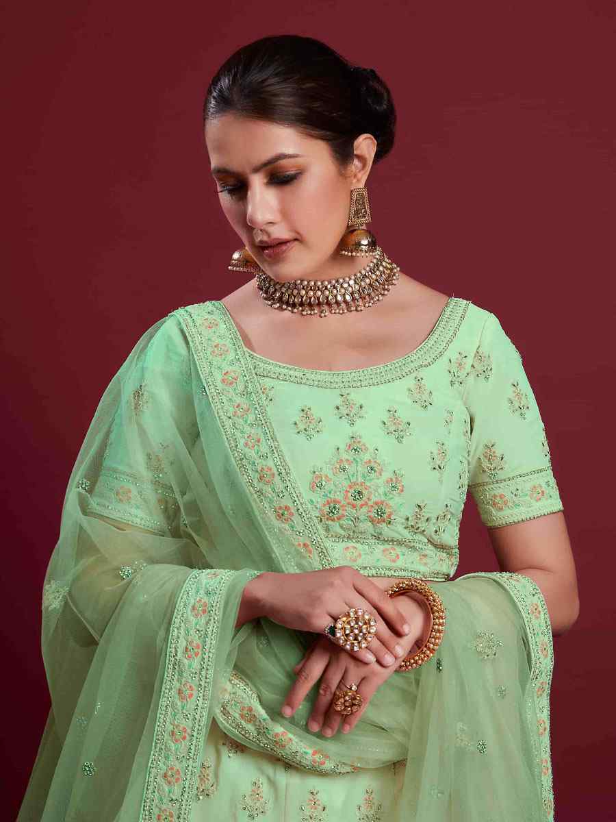 Pista Green Georgette Embroidered Bridal Wedding Heavy Border Lehenga Choli