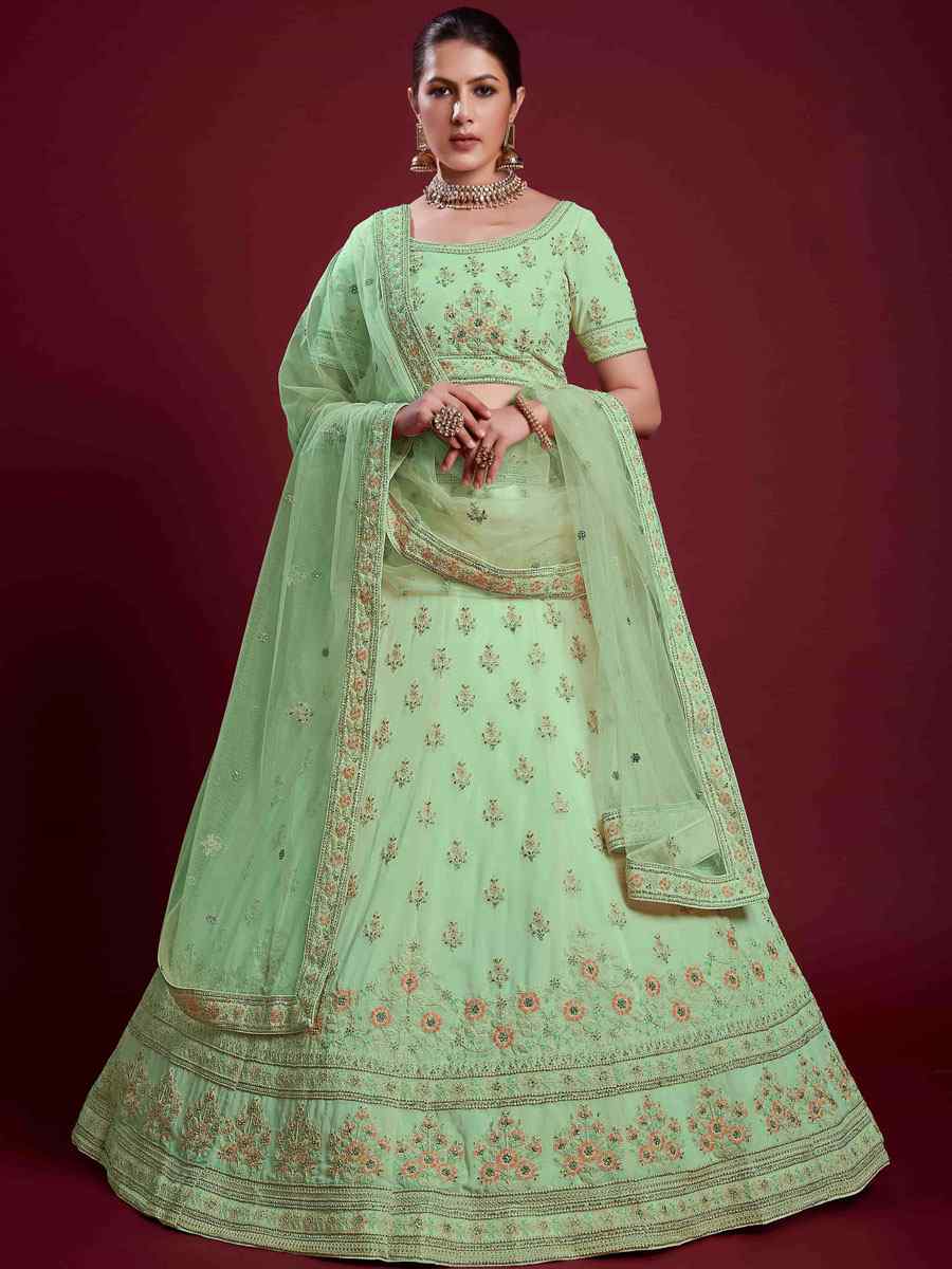 Pista Green Georgette Embroidered Bridal Wedding Heavy Border Lehenga Choli
