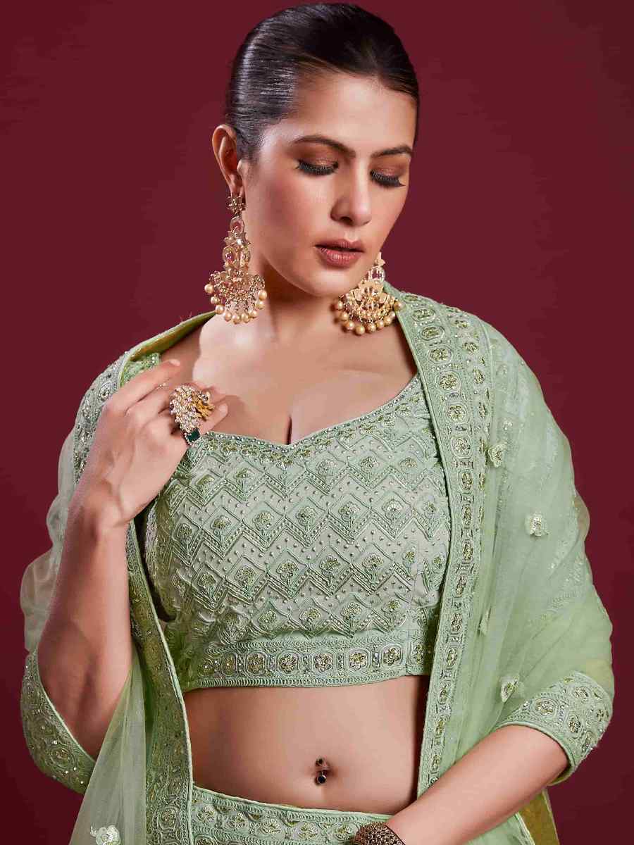 Pista Green Georgette Embroidered Bridal Wedding Heavy Border Lehenga Choli