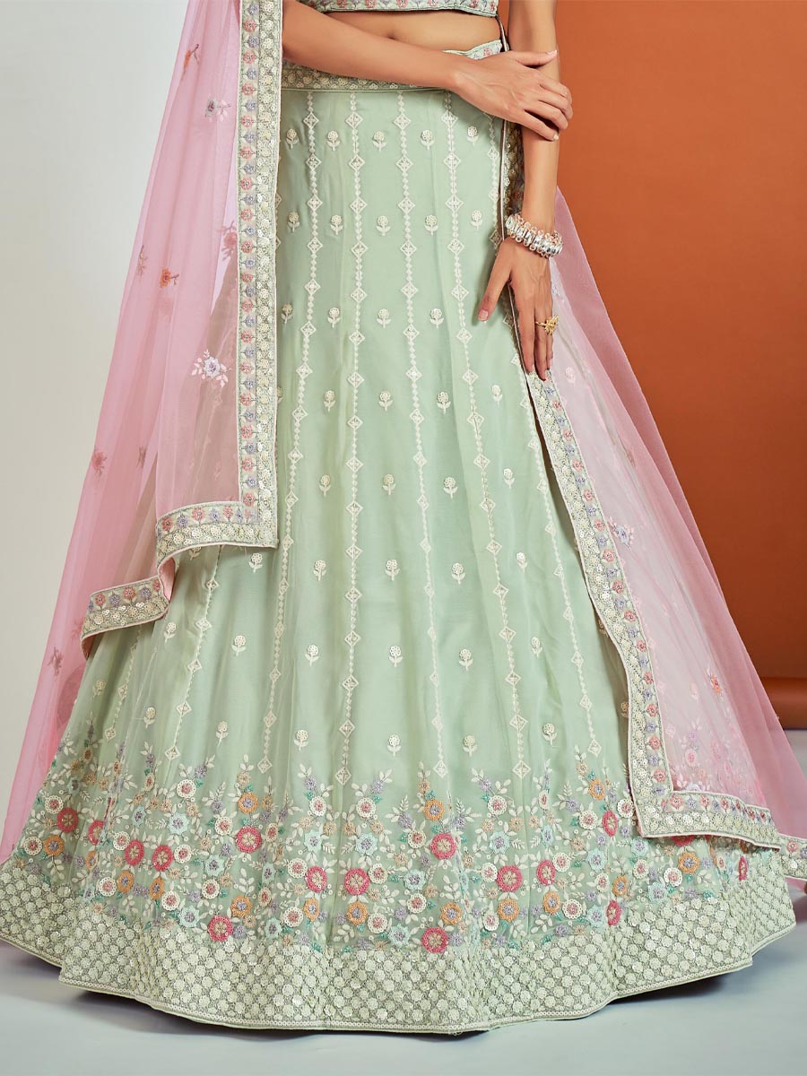 Pista Green Georgette Embroidered Bridesmaid Wedding Heavy Border Lehenga Choli