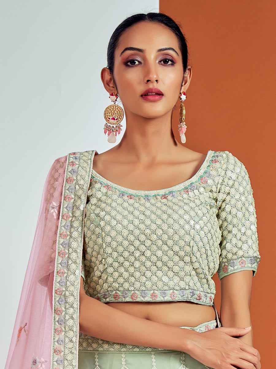 Pista Green Georgette Embroidered Bridesmaid Wedding Heavy Border Lehenga Choli