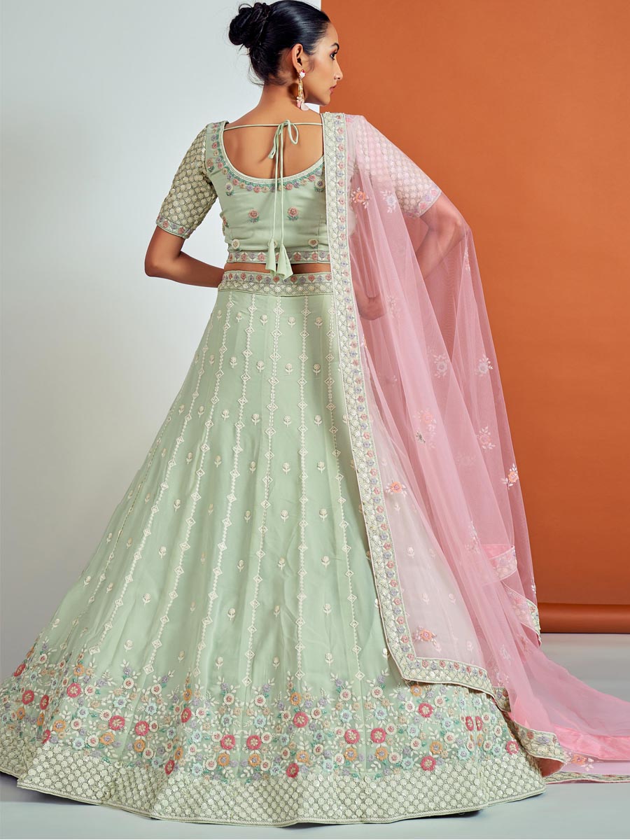 Pista Green Georgette Embroidered Bridesmaid Wedding Heavy Border Lehenga Choli