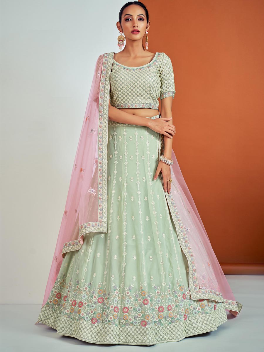 Pista Green Georgette Embroidered Bridesmaid Wedding Heavy Border Lehenga Choli