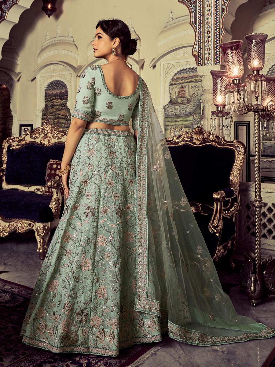 Pista Green Georgette Embroidered Engagement Wedding Heavy Border Lehenga Choli
