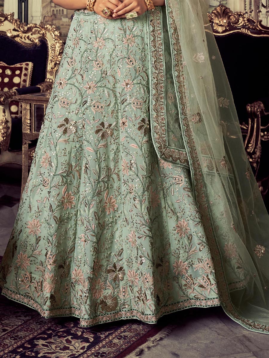 Pista Green Georgette Embroidered Engagement Wedding Heavy Border Lehenga Choli