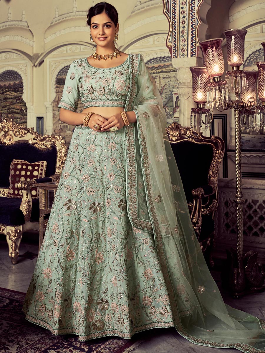 Pista Green Georgette Embroidered Engagement Wedding Heavy Border Lehenga Choli