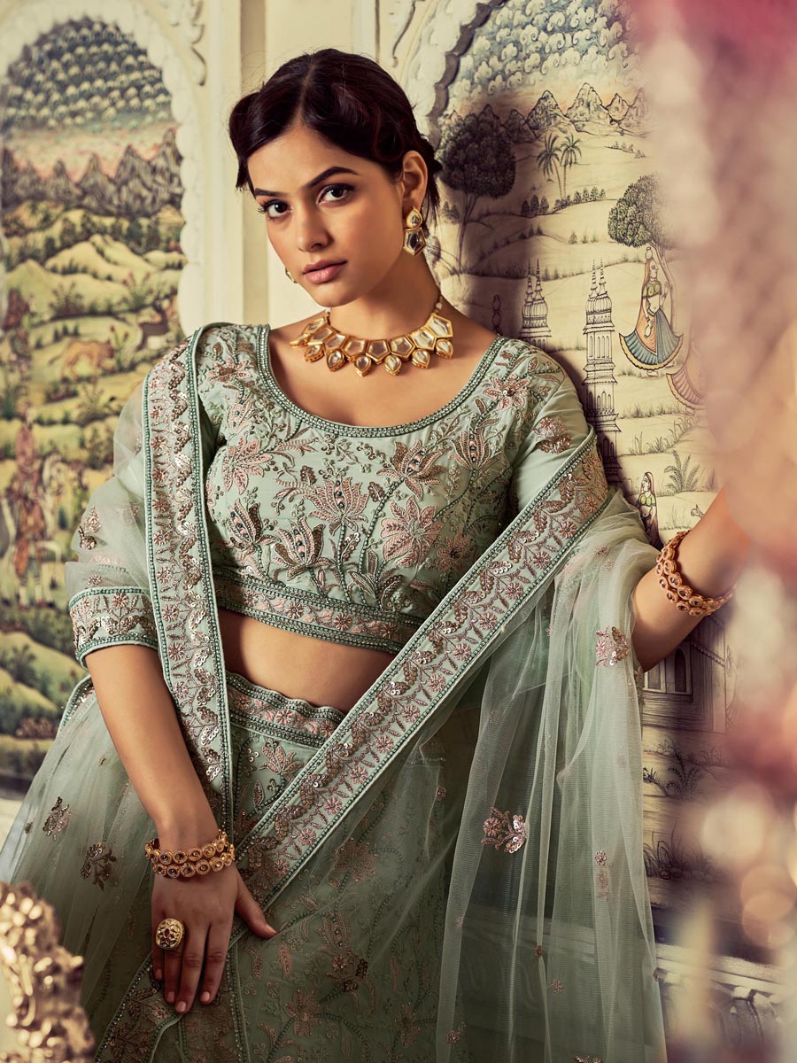 Pista Green Georgette Embroidered Engagement Wedding Heavy Border Lehenga Choli