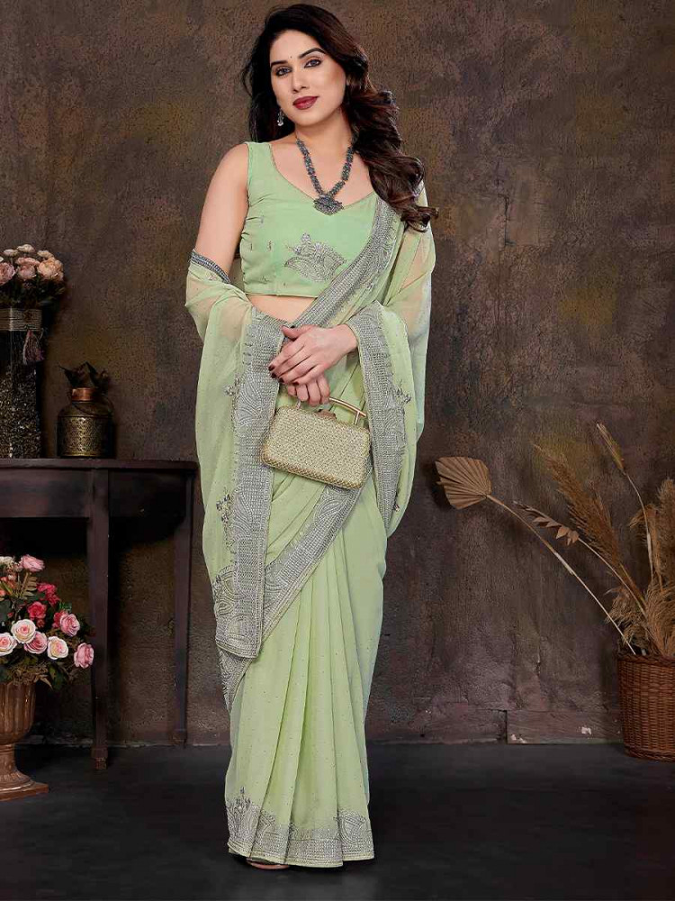 Pista Green Georgette Embroidered Festival Wedding Fancy Heavy Border Saree