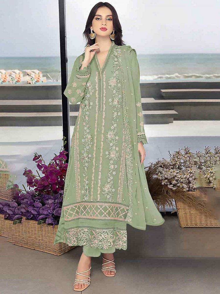Pista Green Georgette Embroidered Festival Wedding Pant Salwar Kameez