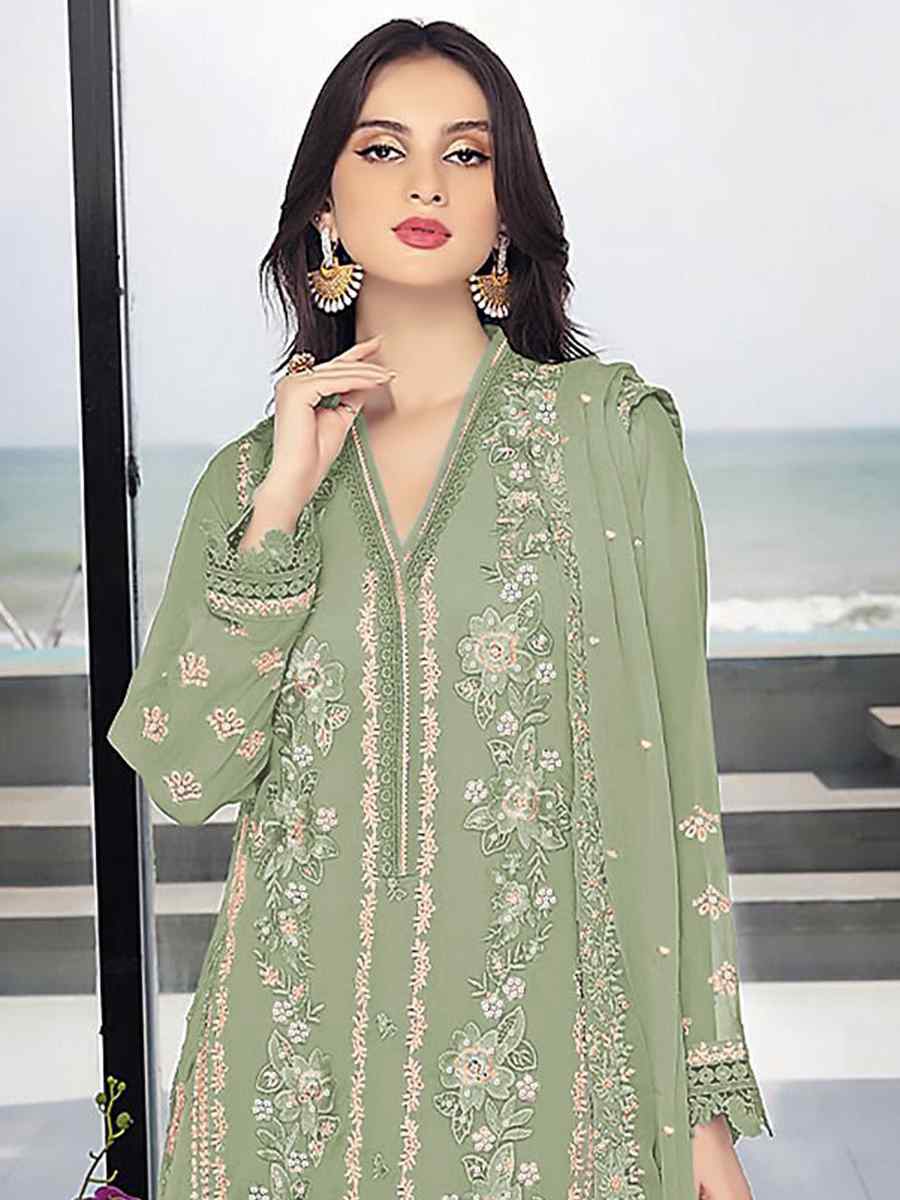 Pista Green Georgette Embroidered Festival Wedding Pant Salwar Kameez