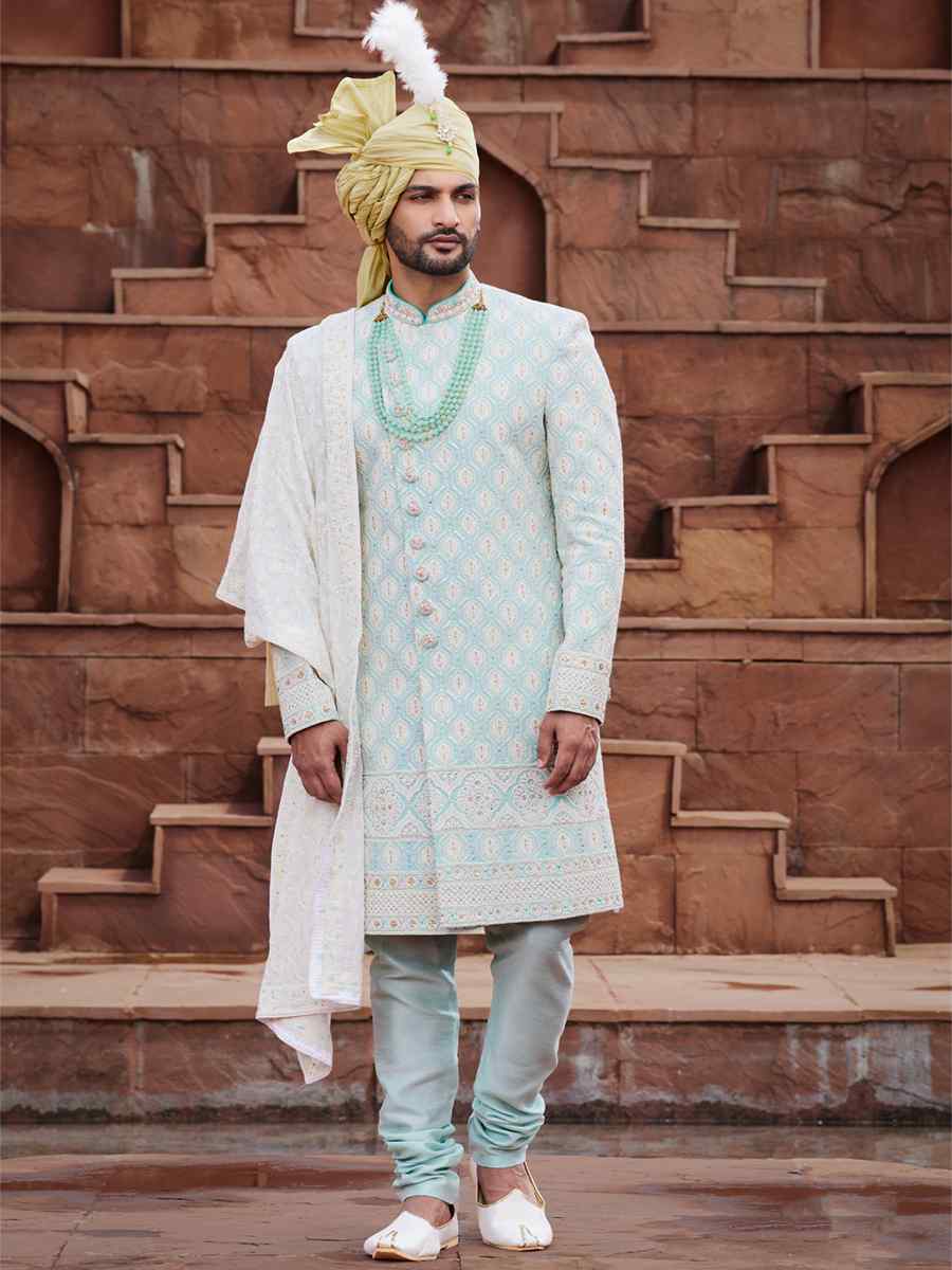 Pista Green Georgette Embroidered Groom Wedding Sherwani