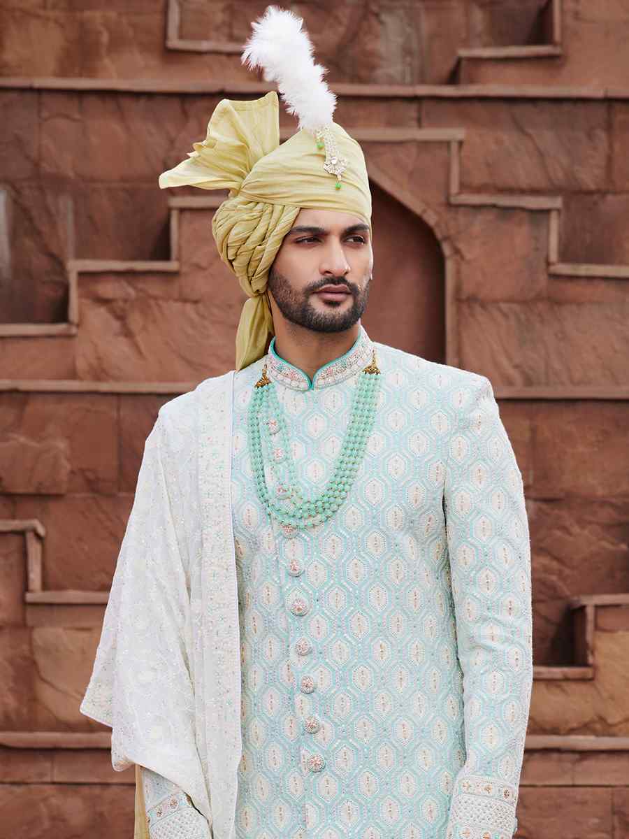 Pista Green Georgette Embroidered Groom Wedding Sherwani