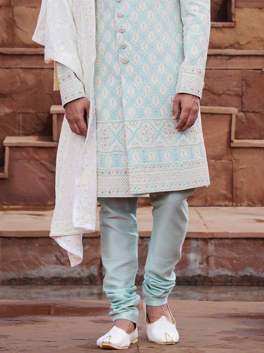 Pista Green Georgette Embroidered Groom Wedding Sherwani