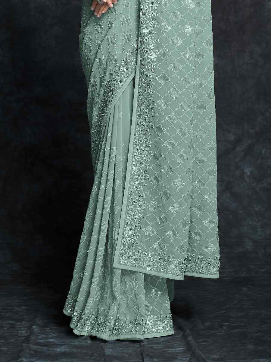 Pista Green Georgette Embroidered Wedding Festival Heavy Border Saree