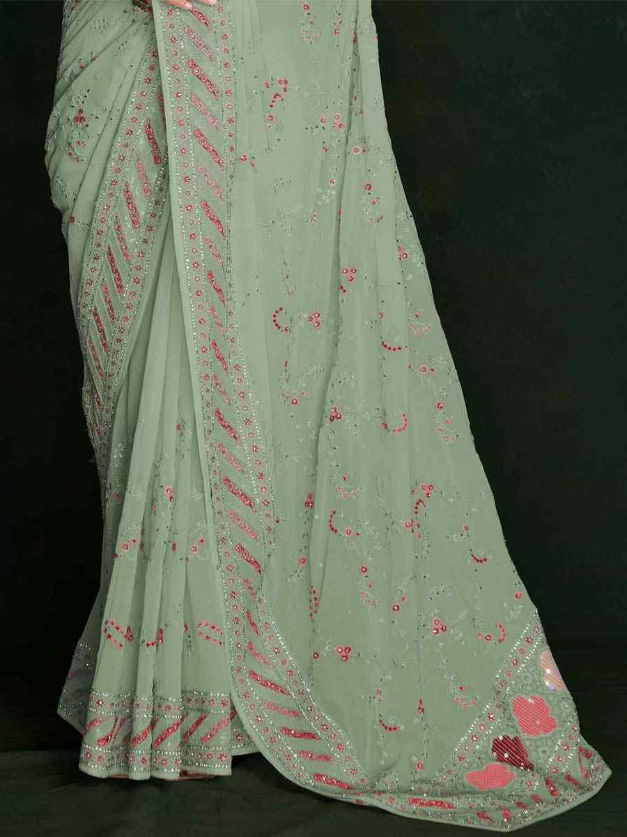 Pista Green Georgette Embroidered Wedding Festival Heavy Border Saree
