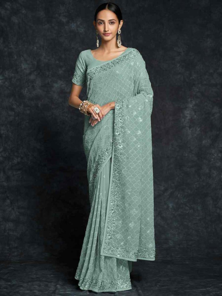 Pista Green Georgette Embroidered Wedding Festival Heavy Border Saree