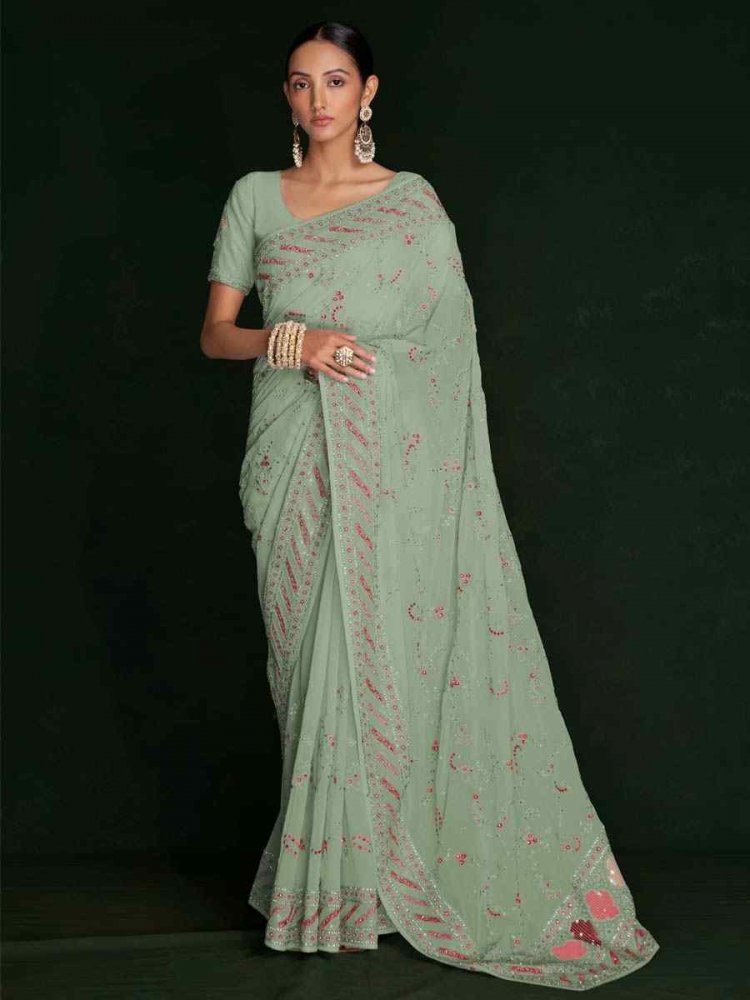 Pista Green Georgette Embroidered Wedding Festival Heavy Border Saree