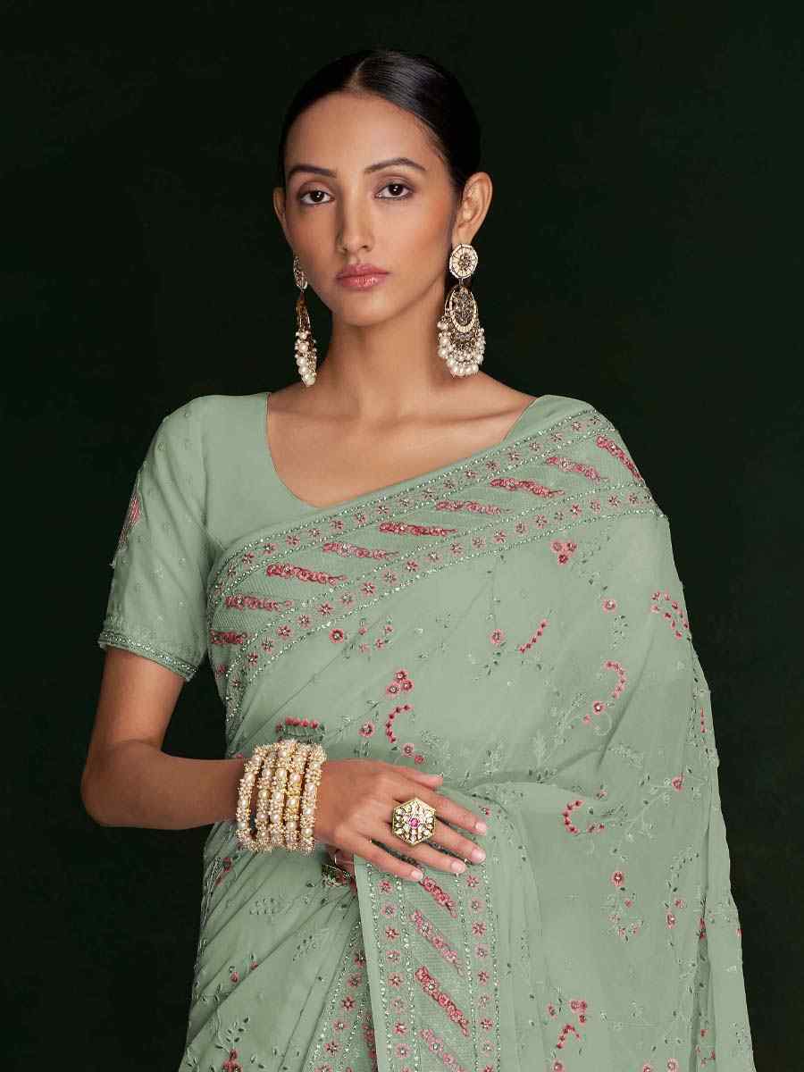 Pista Green Georgette Embroidered Wedding Festival Heavy Border Saree