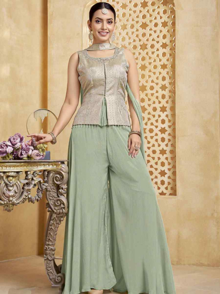 Image of Pista Green Georgette Embroidery Party Wedding Festival Casual Ready Palazzo Pant Salwar Kameez