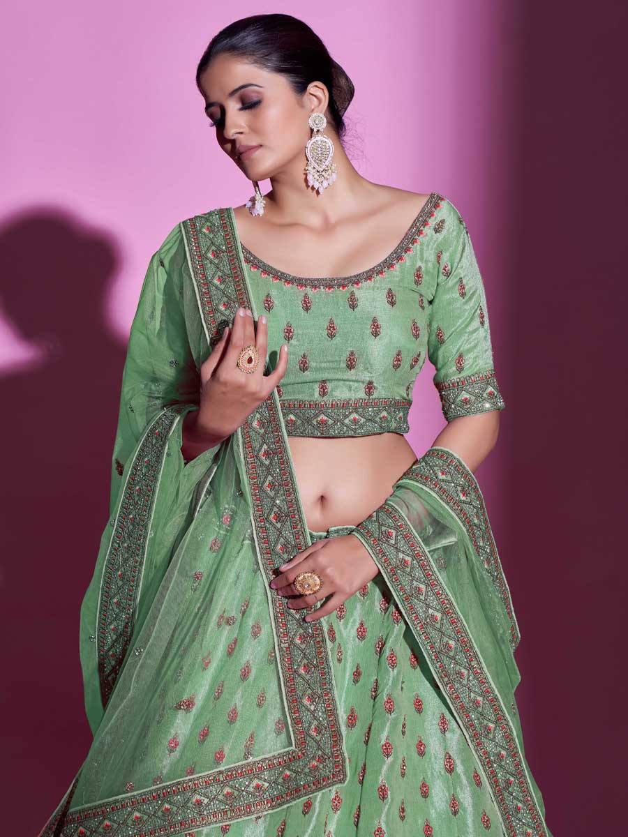 Pista Green Gota Silk Embroidered Bridal Wedding Heavy Border Lehenga Choli