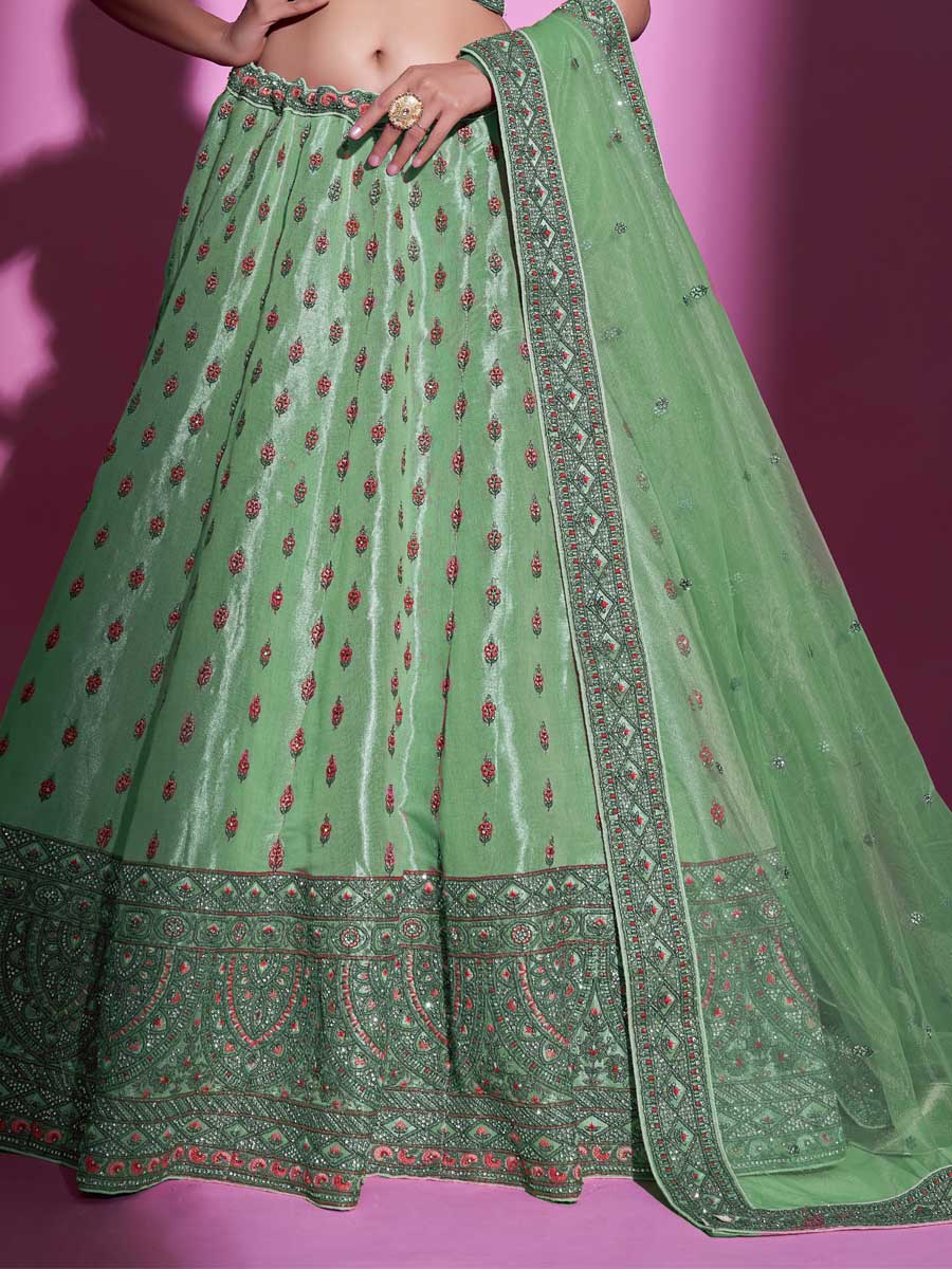 Pista Green Gota Silk Embroidered Bridal Wedding Heavy Border Lehenga Choli