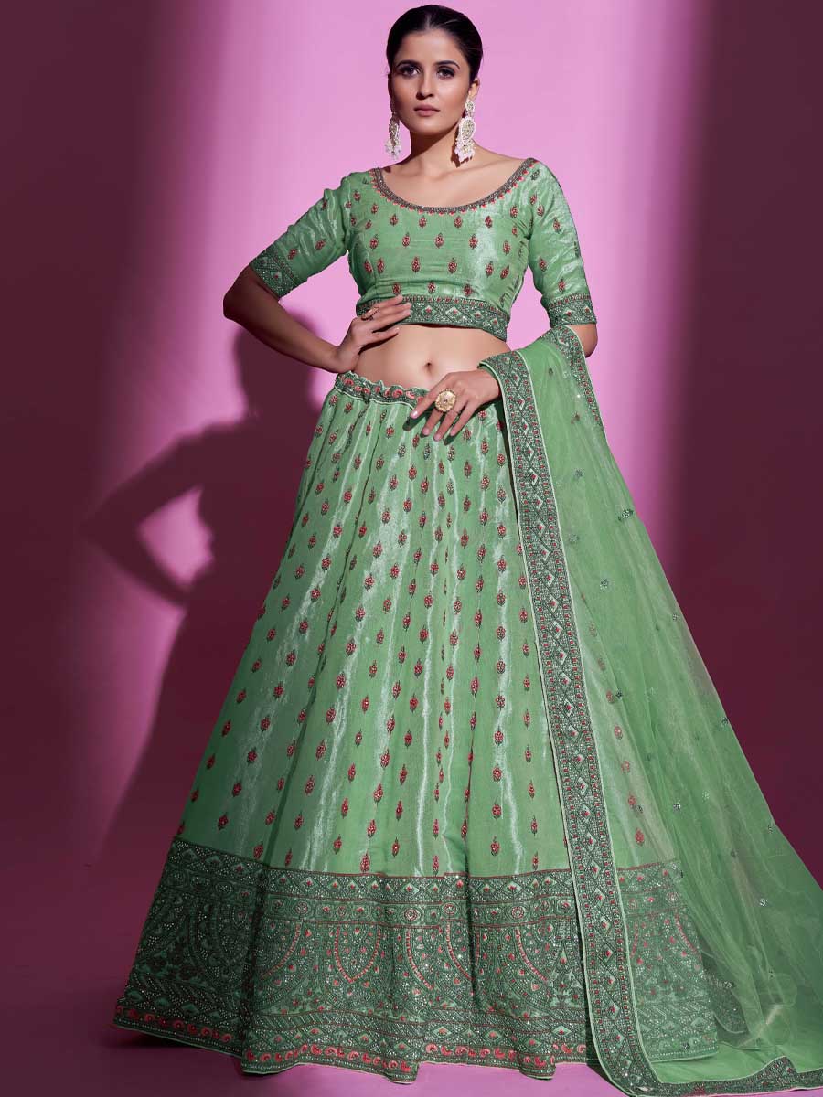 Pista Green Gota Silk Embroidered Bridal Wedding Heavy Border Lehenga Choli