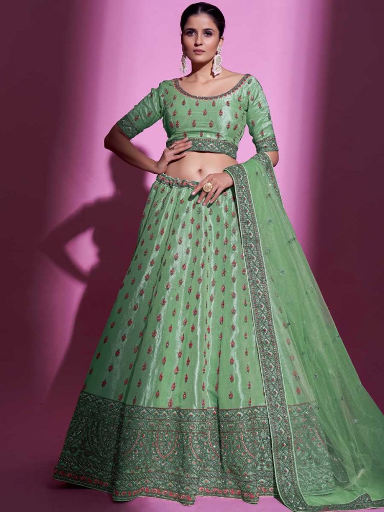 Pista Green Gota Silk Embroidered Bridal Wedding Heavy Border Lehenga Choli