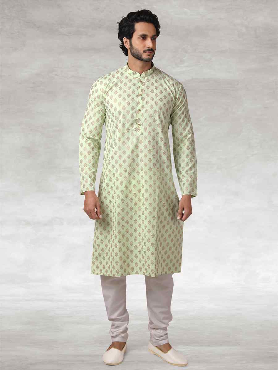 Pista Green Hand Loomed In Rich Yarns Of Cotton Printed Party Wedding Kurta