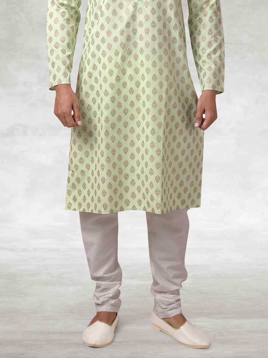 Pista Green Hand Loomed In Rich Yarns Of Cotton Printed Party Wedding Kurta