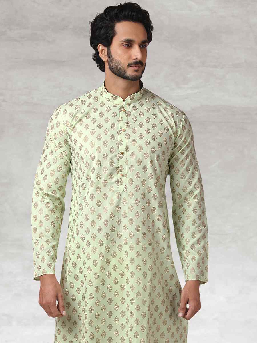 Pista Green Hand Loomed In Rich Yarns Of Cotton Printed Party Wedding Kurta