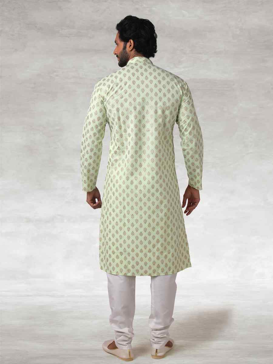 Pista Green Hand Loomed In Rich Yarns Of Cotton Printed Party Wedding Kurta
