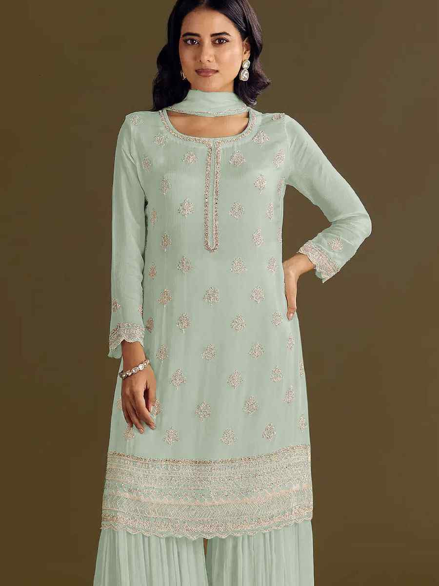 Pista Green Heavy Chinon Embroidered Festival Wedding Sharara Pant Salwar Kameez