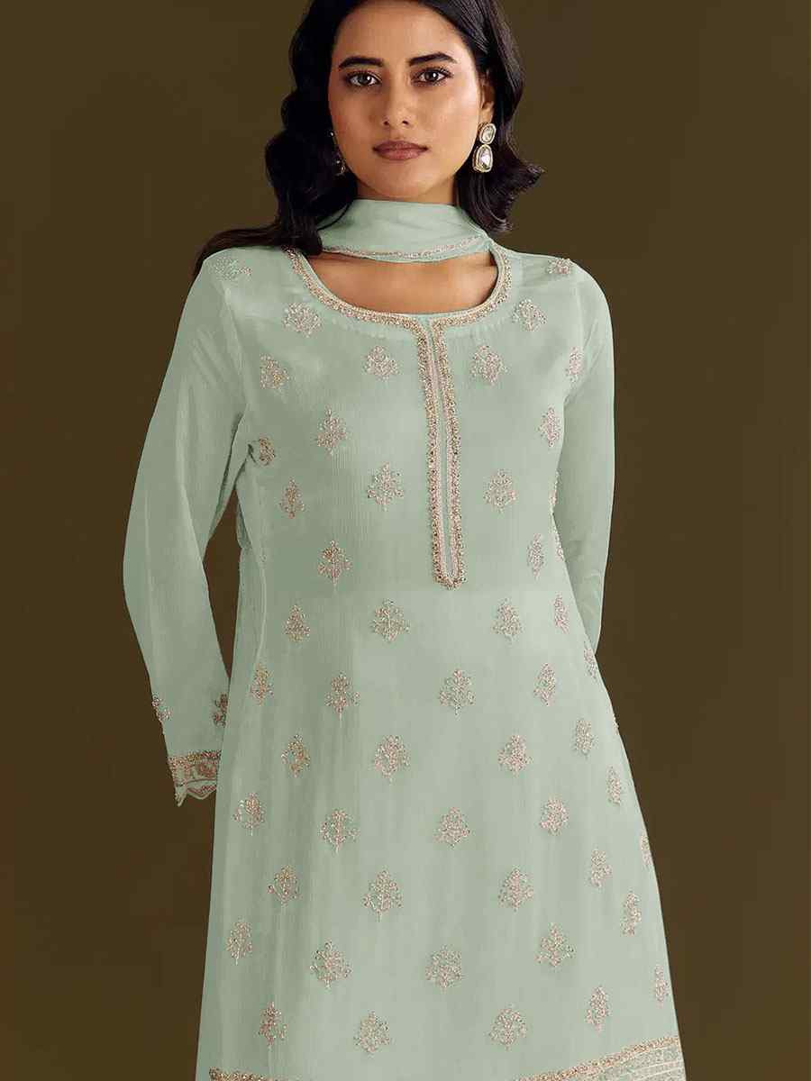Pista Green Heavy Chinon Embroidered Festival Wedding Sharara Pant Salwar Kameez