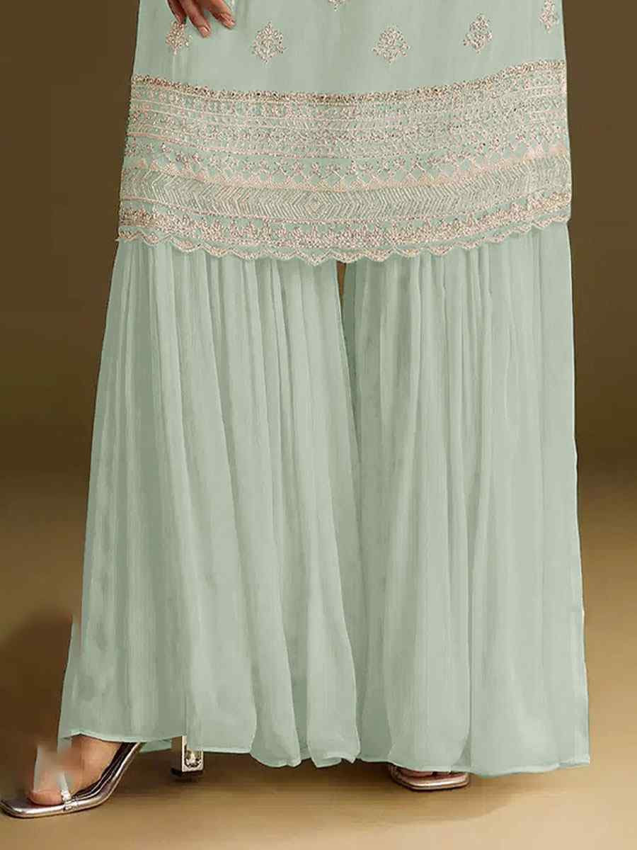 Pista Green Heavy Chinon Embroidered Festival Wedding Sharara Pant Salwar Kameez