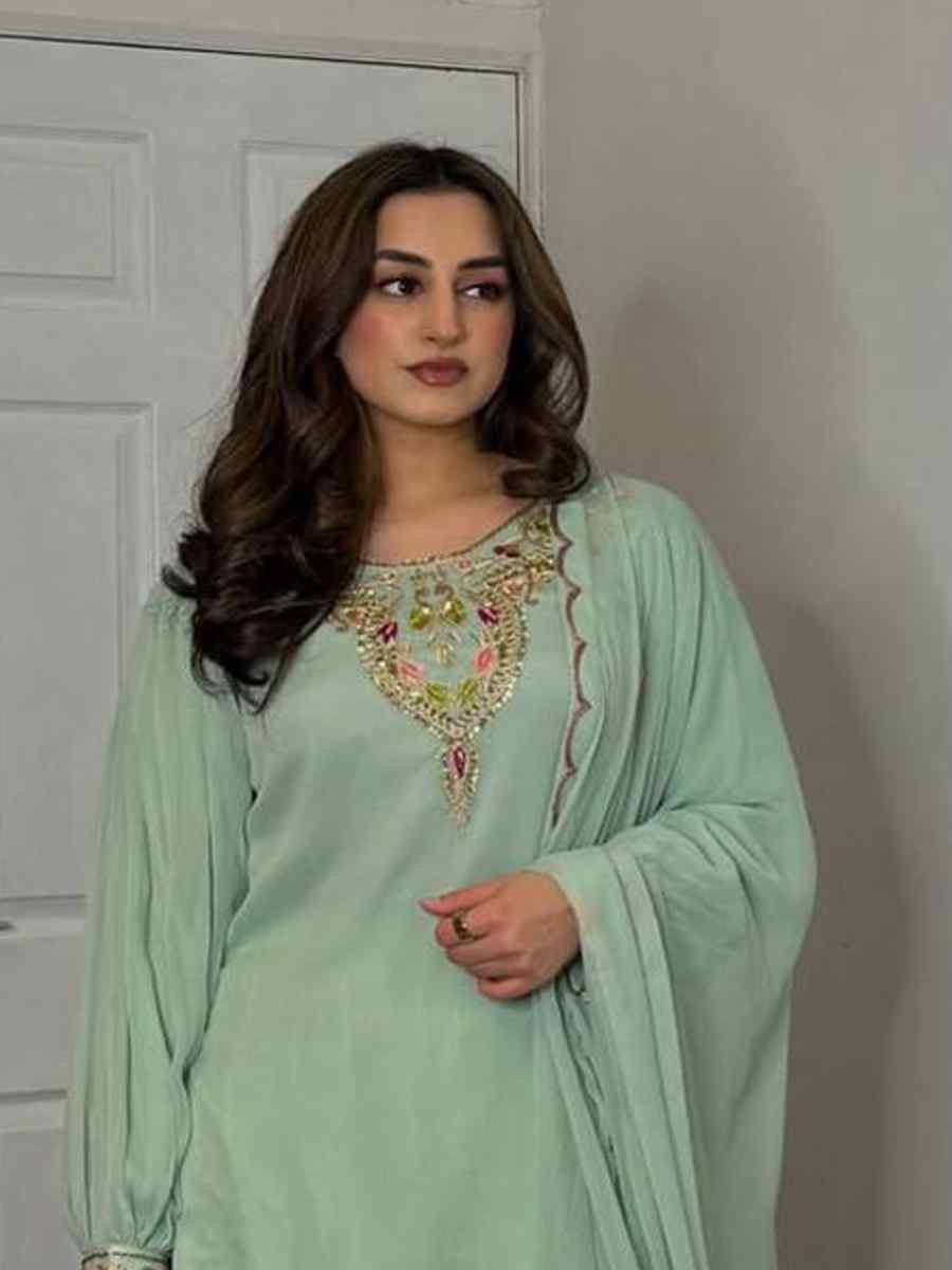 Pista Green Heavy Faux Georgette Embroidered Festival Casual Ready Farsi Pant Salwar Kameez