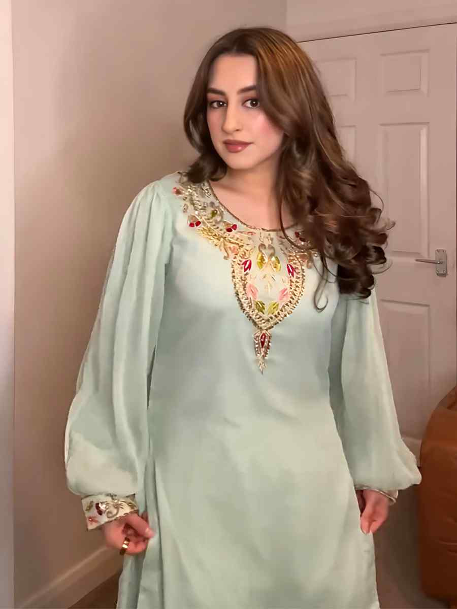 Pista Green Heavy Faux Georgette Embroidered Festival Casual Ready Farsi Pant Salwar Kameez