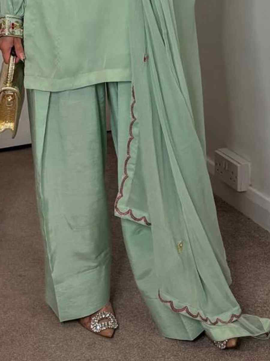 Pista Green Heavy Faux Georgette Embroidered Festival Casual Ready Farsi Pant Salwar Kameez