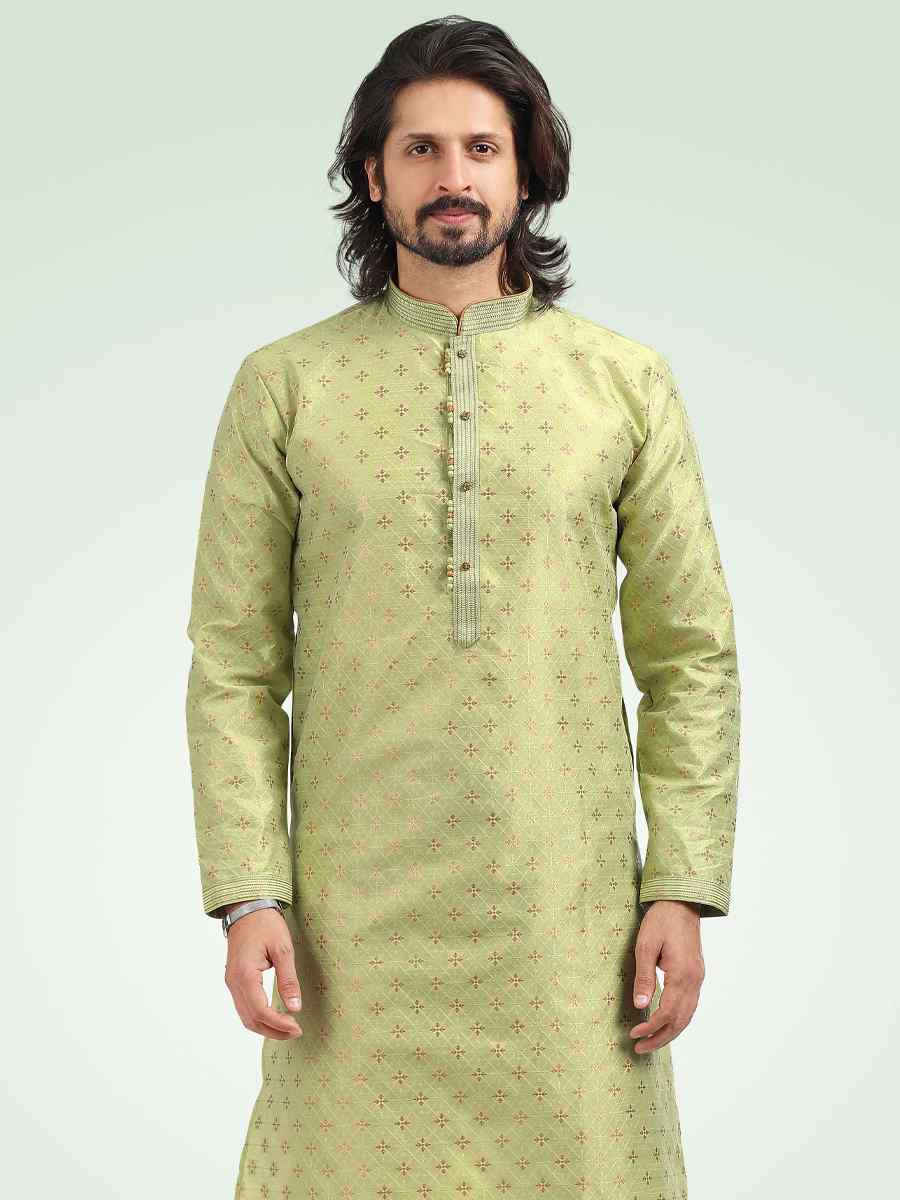 Pista Green Jacquard Banarasi Silk Woven Festival Party Kurta
