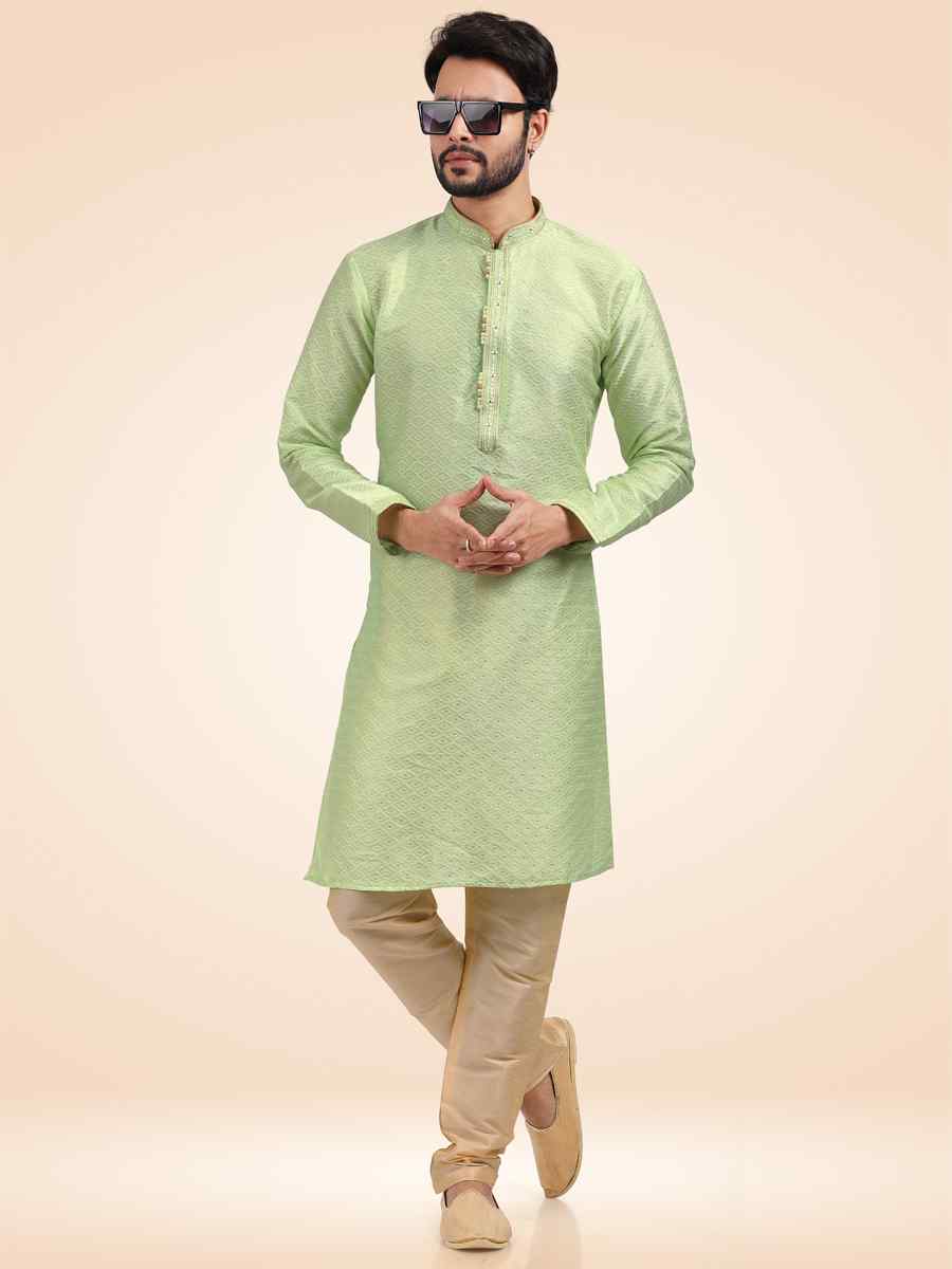 Pista Green Jacquard Banarasi Silk Woven Festival Party Kurta