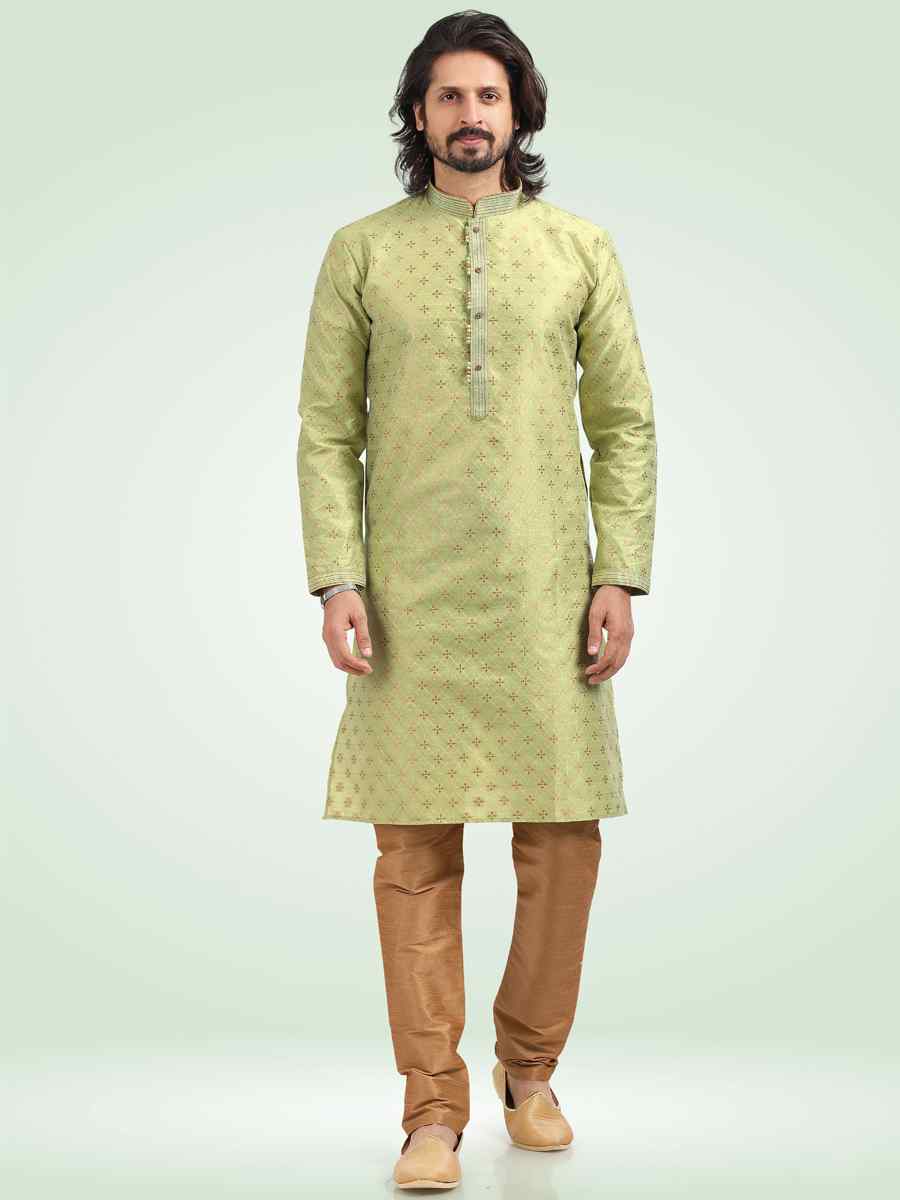 Pista Green Jacquard Banarasi Silk Woven Festival Party Kurta