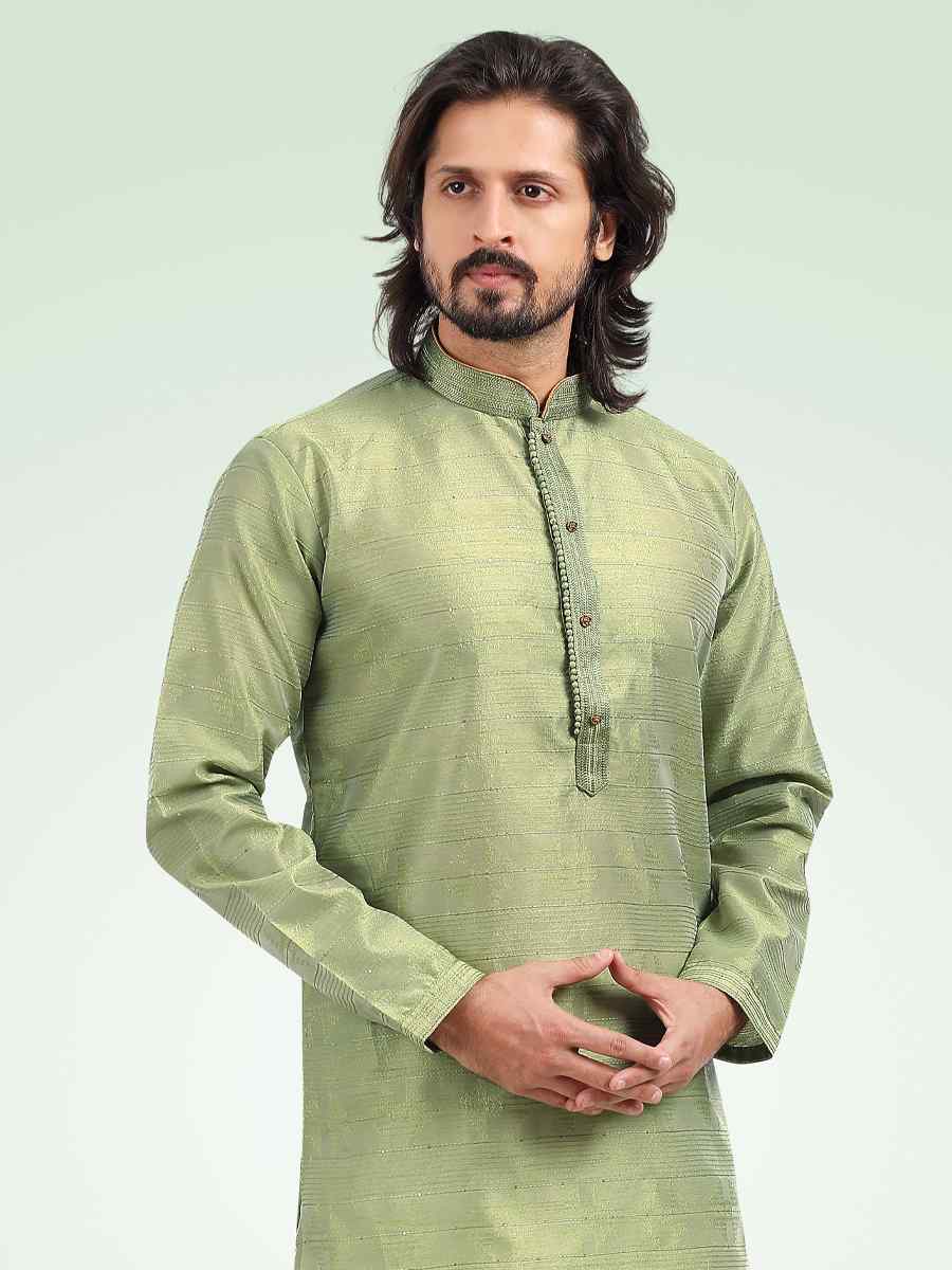 Pista Green Jacquard Banarasi Silk Woven Festival Party Kurta