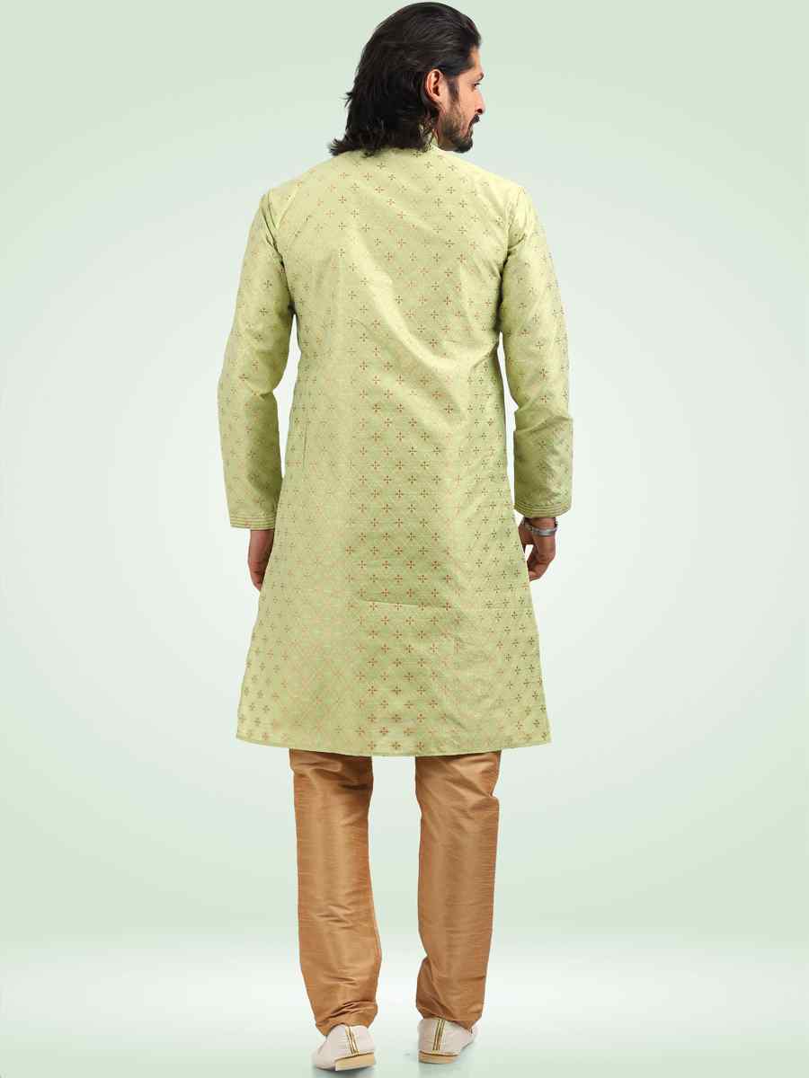 Pista Green Jacquard Banarasi Silk Woven Festival Party Kurta