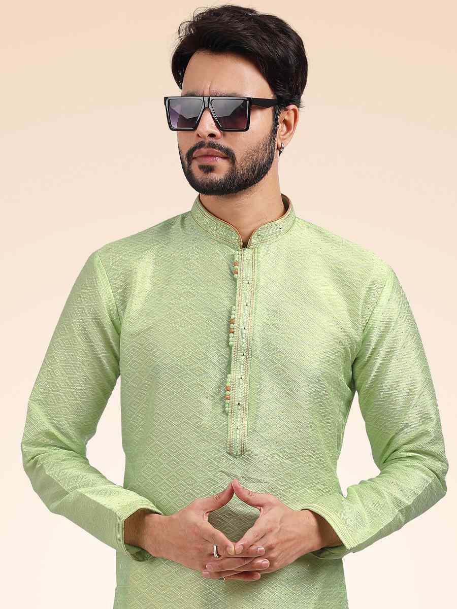 Pista Green Jacquard Banarasi Silk Woven Festival Party Kurta