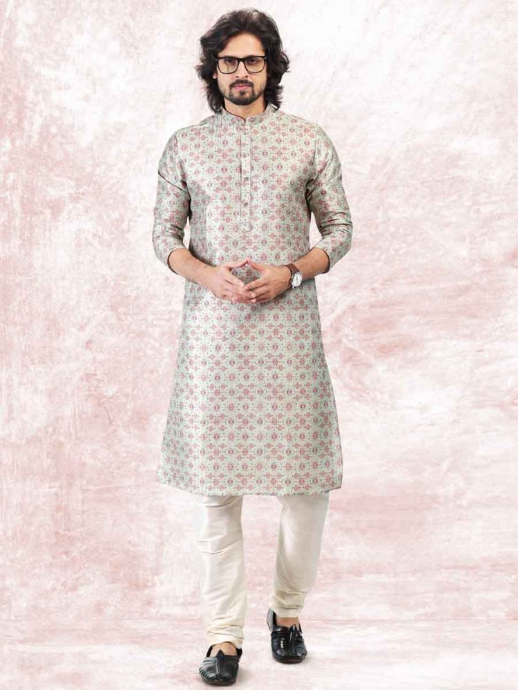 Pista Green Jacquard Banarasi Silk Woven Festival Wedding Kurta