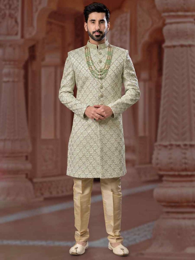 Pista Green Jacquard Embroidered Groom Wedding Sherwani