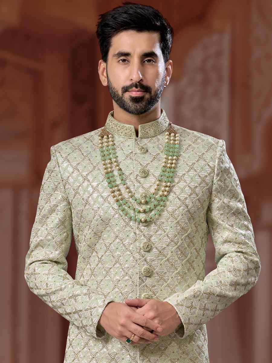 Pista Green Jacquard Embroidered Groom Wedding Sherwani